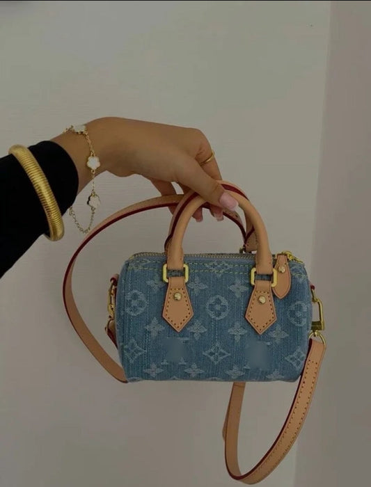 denim mini duffle bag